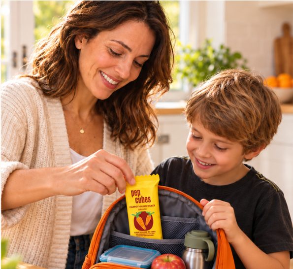 Mother packing an Orange pack into her son's lunchbox